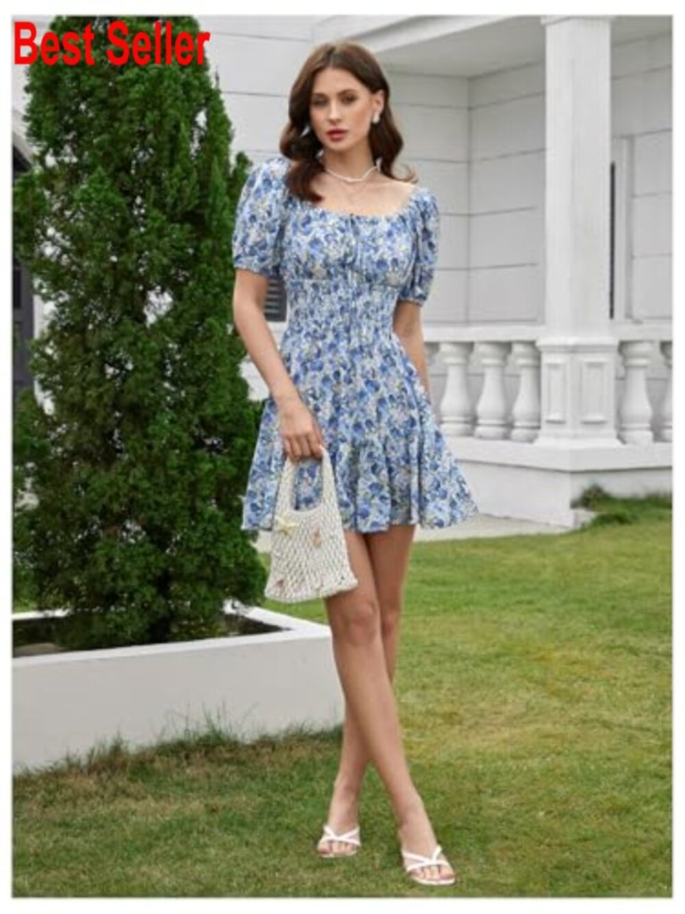 Polyester Boho Square Neck Puff Sleeve A-Line Mini Dress - Picture 5 of 6